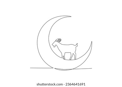One continuous line drawing of goat over moon eid al adha concept
