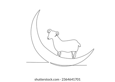 One continuous line drawing of goat over moon eid al adha concept
