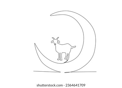 Un dibujo de línea continua de cabra sobre el concepto de luna eid al adha
