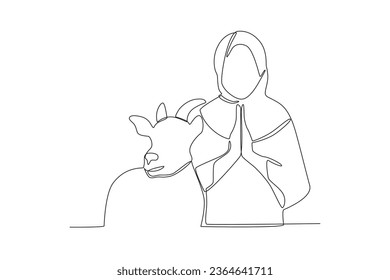 One continuous line drawing of goat and muslim woman in hijab eid al adha concept

