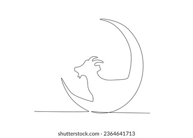 Un dibujo de línea continua de cabra sobre el concepto de luna eid al adha
