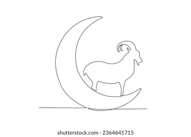 One continuous line drawing of goat over moon eid al adha concept
