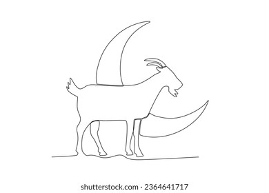 One continuous line drawing of goat between moons eid al adha concept
