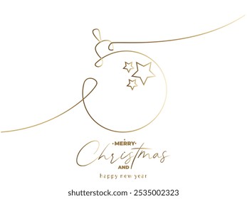 One continuous line drawing of gold Christmas ball. New Year greeting card on white background	