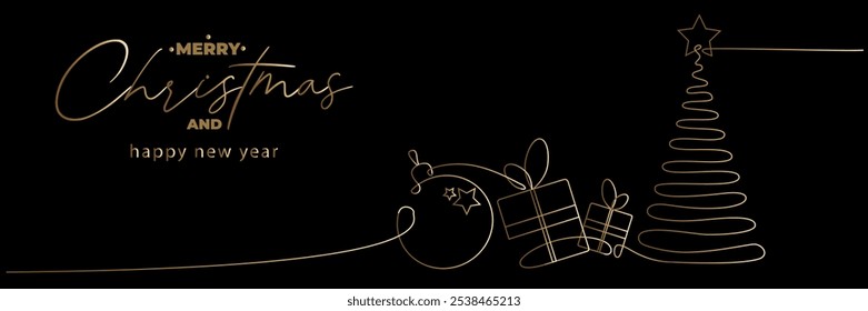 One continuous line drawing of gold Christmas tree toy and present box. New Year greeting card and minimalist web banner on black background