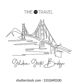 One Continuous Line Drawing Golden Gate Bridge Landmark. Iconic Place In San Francisco USA. Holiday Wall Decor Home Art Poster Print Concept. Modern Single Line Draw Design Vector Graphic Illustration