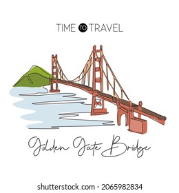 One Continuous Line Drawing Golden Gate Bridge Landmark. Iconic Place In San Francisco USA. Holiday Wall Decor Home Art Poster Print Concept. Modern Single Line Draw Design Vector Graphic Illustration