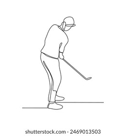 One continuous line drawing of Golf sports vector illustration. The people is playing golf golf sports in the field with championship system in simple linear design continuous style vector concept. 