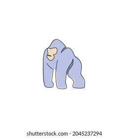 One continuous line drawing of gorilla for national park logo identity. Ape primate animal portrait mascot concept for conservation forest icon. Single line draw design graphic vector illustration