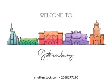 One continuous line drawing of Gothenburg city skyline, Sweden. Beautiful landmark. World landscape tourism travel home decor wall art poster print. stylish single line draw design vector illustration
