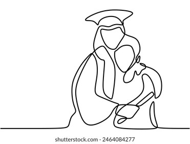 una línea continua de dibujo de estudiante graduado usar toga, gorra, bata y traer certificado de papel abrazo madre. Concepto de graduación.