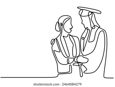 one continuous line drawing of graduated woman student wear toga, cap, gown hug her mother. Graduation concept.