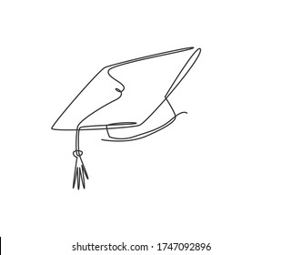 One continuous line drawing of graduation cap. Academical graduation hat equipment element icon template concept. Treandy single line draw graphic design vector illustration