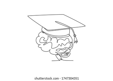 One continuous line drawing of graduation hat above human brain logo icon. Psychology office for assisting student logotype symbol template concept. Trendy single line draw design vector illustration