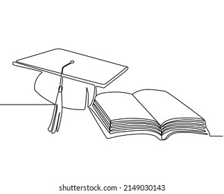 One Continuous Line Drawing Of Graduation Cap And Book. Education Vector Illustration.