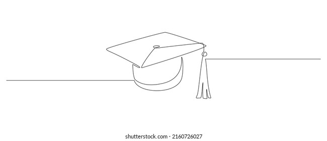 One continuous line drawing of graduation hat. Studying graduate thin symbol in simple linear style. Concept of student of university and school. Editable stroke. Doodle vector illustration