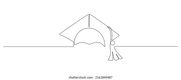One continuous line drawing of graduation hat. Studying thin symbol or logo in simple linear style. Monoline concept of student of university and college. Editable stroke. Doodle vector illustration