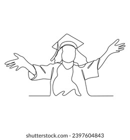 Eine fortlaufende Zeichnung der Graduationsaktivitäten wird von Studenten mit einem Toga als Symbol der Graduierung Vektorgrafik durchgeführt. Graduiertengrafik: einfaches lineares Design-Konzept