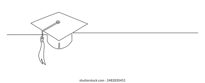 One continuous line drawing of graduation cap. Student and college hat symbol in simple linear style. Education and academic degree concept in editable stroke. Doodle outline vector illustration