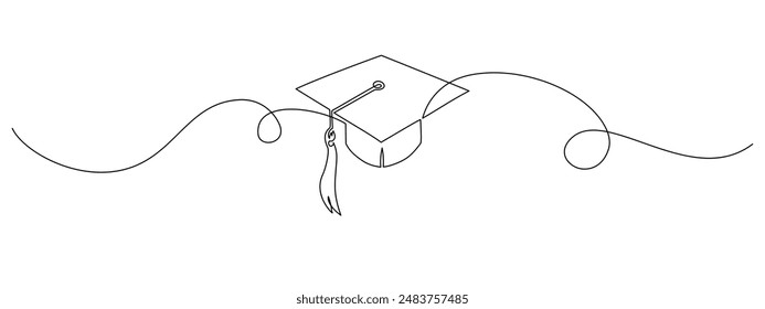 One continuous line drawing of graduation cap. Student and college hat symbol in simple linear style. Education and academic degree concept in editable stroke. Doodle vector illustration