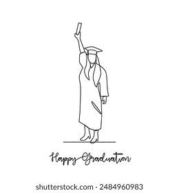 One continuous line drawing of Graduation ceremony vector illustration. Graduation themes design in simple linear concept. Illustration of students wearing a toga as symbol of graduation ceremony.