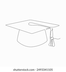 One continuous line drawing of graduation cap, hand drawn line art vector illustration of graduation hat.