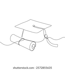 One continuous line drawing of graduation hat. Concept of student of university college and school. Doodle vector illustration.