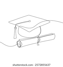 One continuous line drawing of graduation hat. Concept of student of university college and school. Doodle vector illustration.