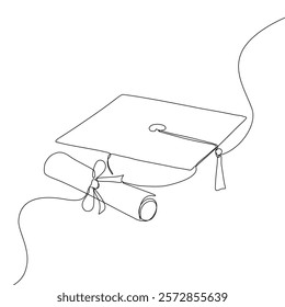 One continuous line drawing of graduation hat. Concept of student of university college and school. Doodle vector illustration.