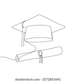 One continuous line drawing of graduation hat. Concept of student of university college and school. Doodle vector illustration.