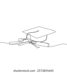 One continuous line drawing of graduation hat. Concept of student of university college and school. Doodle vector illustration.