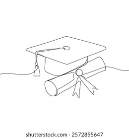 One continuous line drawing of graduation hat. Concept of student of university college and school. Doodle vector illustration.