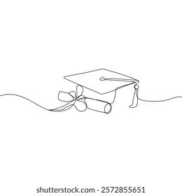 One continuous line drawing of graduation hat. Concept of student of university college and school. Doodle vector illustration.