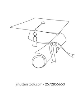 One continuous line drawing of graduation hat. Concept of student of university college and school. Doodle vector illustration.