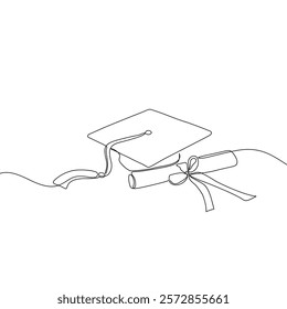 One continuous line drawing of graduation hat. Concept of student of university college and school. Doodle vector illustration.