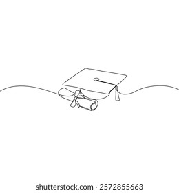 One continuous line drawing of graduation hat. Concept of student of university college and school. Doodle vector illustration.