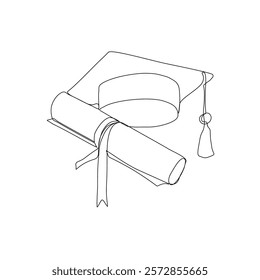 One continuous line drawing of graduation hat. Concept of student of university college and school. Doodle vector illustration.