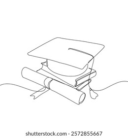 One continuous line drawing of graduation hat. Concept of student of university college and school. Doodle vector illustration.