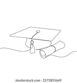 One continuous line drawing of graduation hat. Concept of student of university college and school. Doodle vector illustration.