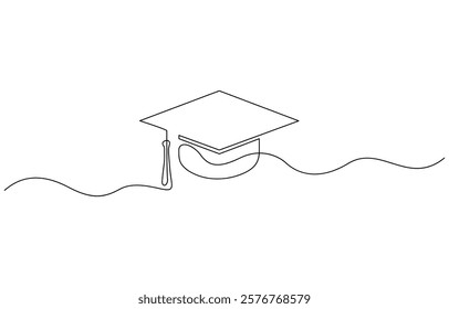 One continuous line drawing of graduation cap, hand drawn line art vector illustration. Continuous cap one line art drawing of graduation hat concept outline vector.