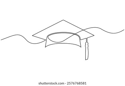 One continuous line drawing of graduation cap, hand drawn line art vector illustration. Continuous cap one line art drawing of graduation hat concept outline vector.