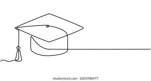 One continuous line drawing of graduation hat. Concept of student of university college and school. Doodle vector illustration, cap and diploma one line continous vector illustration, hand drawn line