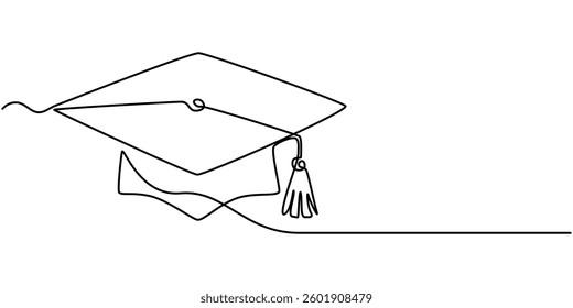 One continuous line drawing of graduation hat. Concept of student of university college and school. Doodle vector illustration, cap and diploma one line continous vector illustration, hand drawn line