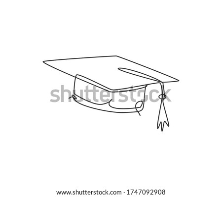 One continuous line drawing of graduation hat logo emblem. Study graduating cap logotype icon template concept. Trendy single line draw graphic design vector illustration