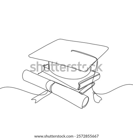 One continuous line drawing of graduation hat. Concept of student of university college and school. Doodle vector illustration.