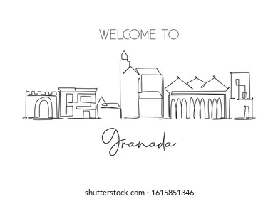 One continuous line drawing of Granada city skyline, Spain. Beautiful skyscraper. World landscape tourism travel vacation concept wall decor poster. Stylish single line draw design vector illustration