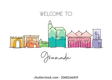 One continuous line drawing of Granada city skyline, Spain. Beautiful skyscraper. World landscape tourism travel vacation concept wall decor poster. Stylish single line draw design vector illustration