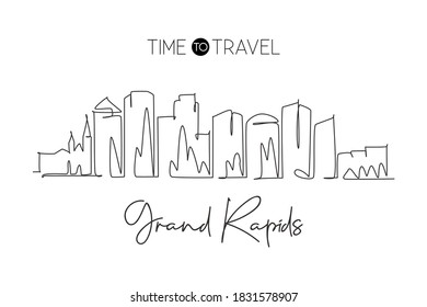 One continuous line drawing of Grand Rapids city skyline, Michigan. Beautiful landmark. World landscape tourism travel wall decor poster, postcard. Stylish single line draw design vector illustration