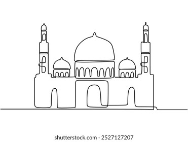 Um desenho de linha contínua de uma grande mesquita. Representação cultural e espiritual em design minimalista. Ilustração desenhada à mão para a arquitetura islâmica.