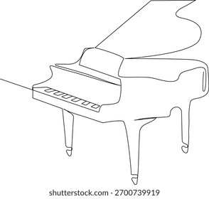 Um desenho em linha contínua de um piano de cauda. Design de instrumento de música minimalista, estilo linear elegante, simples ilustração de contorno preto sobre fundo branco.